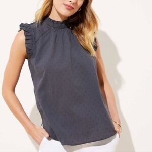 LOFT Grey/Blue Swiss Dot Ruffle Sleeve Mock Neck Top